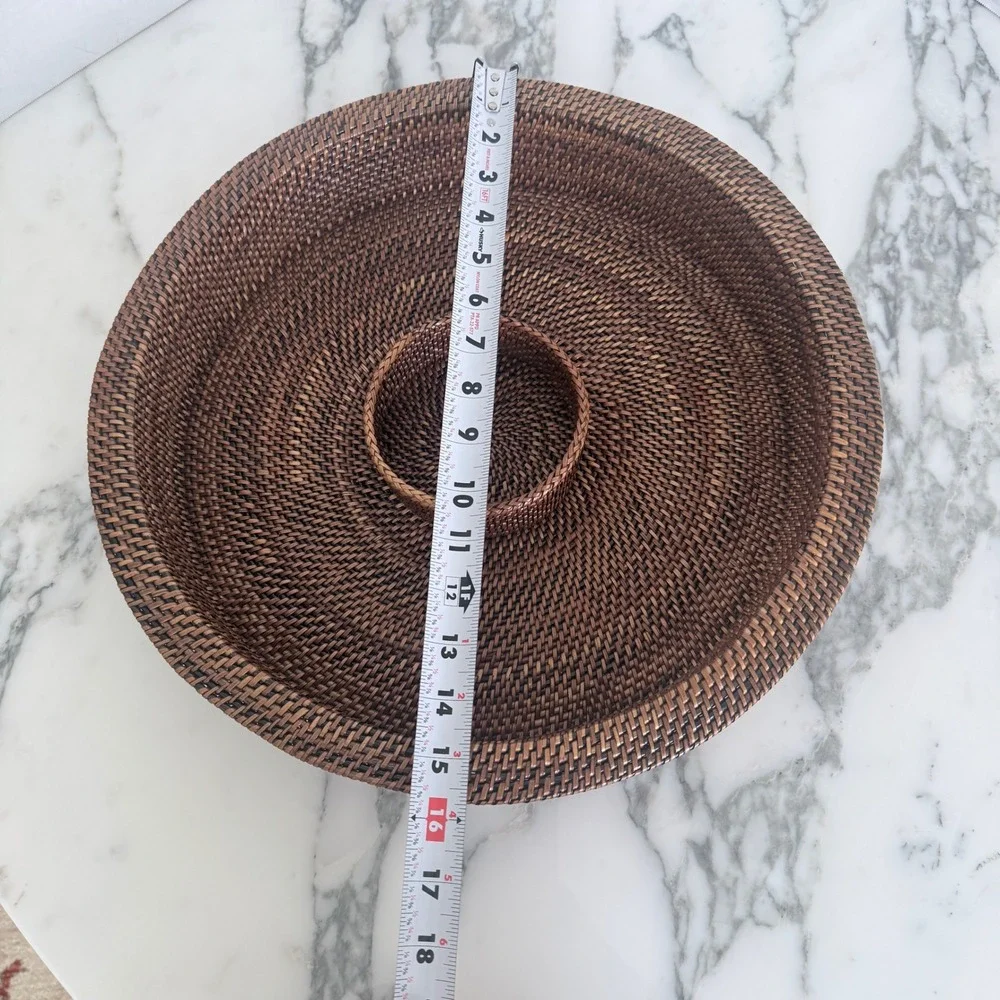 Woven Rattan Chip and Dip Serving Tray Brown Boho Round Wicker Platter 15.5 inch